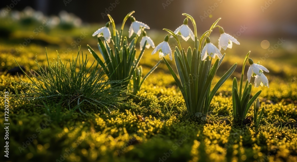 Fototapeta premium Spring awakening with snowdrop flowers at sunrise in a dew-kissed field