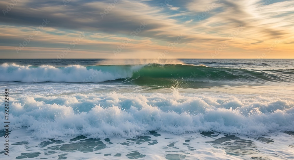 Obraz premium Ocean Waves Crashing on Shore at Sunset with Cloudy Sky.