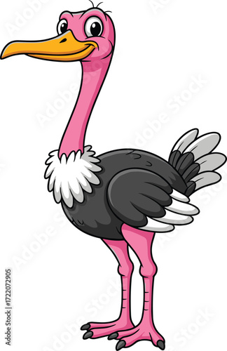 Cartoon ostrich character with pink neck, expressive eyes, orange beak, black and white feathers, playful pose, educational animal illustration