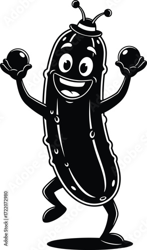 Cartoon pickle character dancing with raised arms, expressive face, black and white illustration, fun vegetable mascot, bold line art