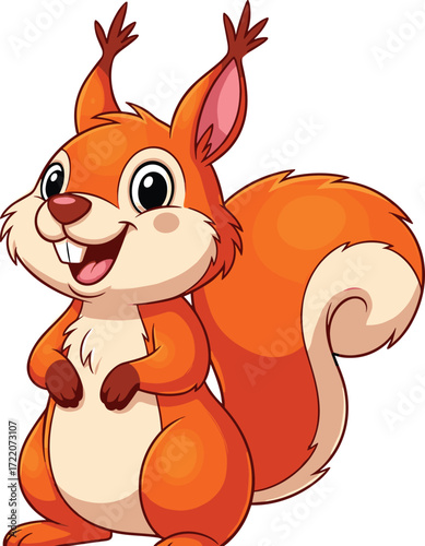 Cartoon squirrel character with orange fur, bushy tail, smiling face, expressive eyes, friendly pose, children’s illustration, playful animal design