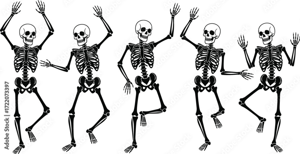 Obraz premium Dancing skeleton characters in animated poses, playful bone figures, Halloween celebration illustration, humorous undead design, anatomy themed cartoon art