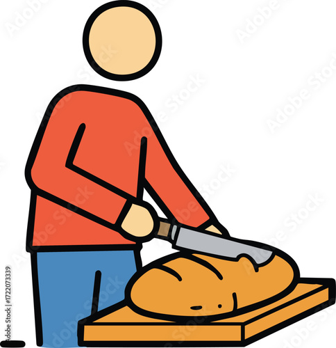Illustration of person cutting loaf of bread with knife on board