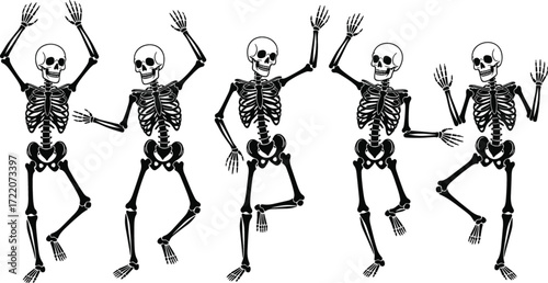 Dancing skeleton characters in animated poses, playful bone figures, Halloween celebration illustration, humorous undead design, anatomy themed cartoon art