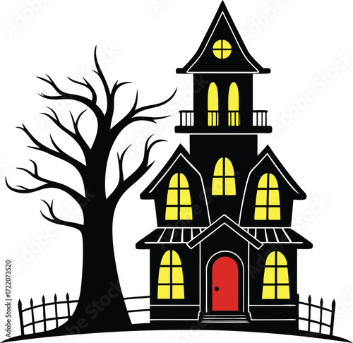 Vector art of spooky haunted house with a bare tree and fence