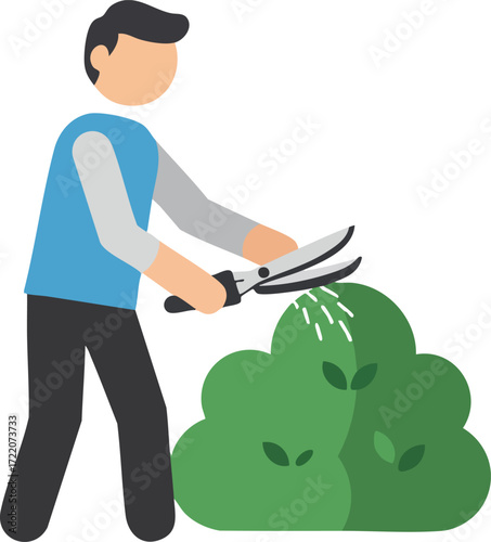 Gardener trimming a bush with shears in a garden  flat illustration