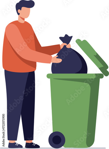 Man throwing trash bag into green recycle bin container cleanup