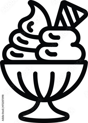 Simple outline icon of a delicious ice cream sundae in a glass dish with a wafer topping