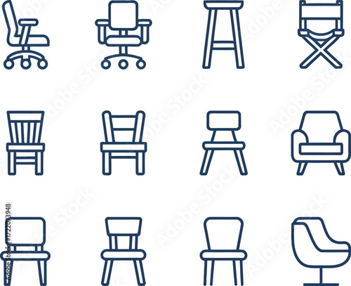 Collection of various chair icons in a clean line art style on a white background
