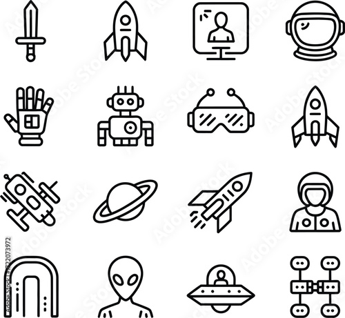 Collection of futuristic science fiction and space exploration icons in a clean line art style