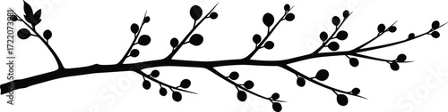Stylized tree branch silhouette with berries and leaves, black and white botanical design, nature illustration, minimal forest artwork