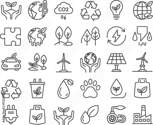 Collection of hand drawn eco friendly icons representing sustainability and environmental conservation concepts