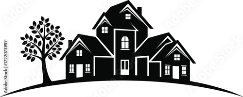 Stylized house silhouette on hill with tree, black and white neighborhood design, residential community icon, real estate illustration art