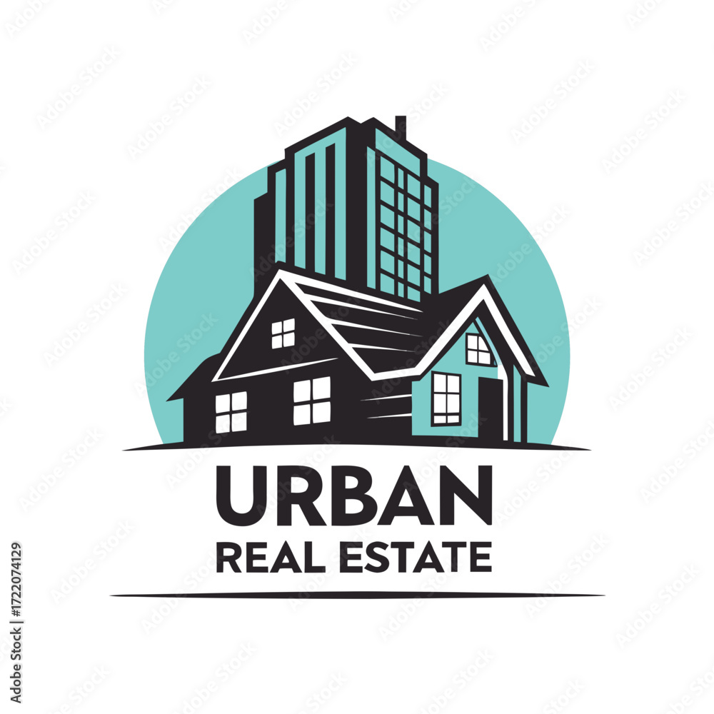 Fototapeta premium Urban Real Estate Logo – A clean flat design composition: teal skyscrapers over a modern black and teal home, accented by a light blue semi-circle, with sharp bold typography below.