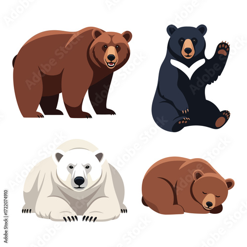 Collection of diverse bear species in stylized realistic art format
