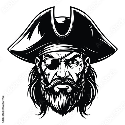 Fierce pirate captain head with eyepatch and tricorne hat detailed sketch