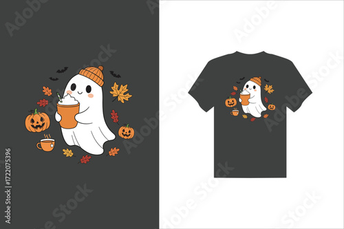 Cute Ghost With Pumpkin Spice Latte t shirt design