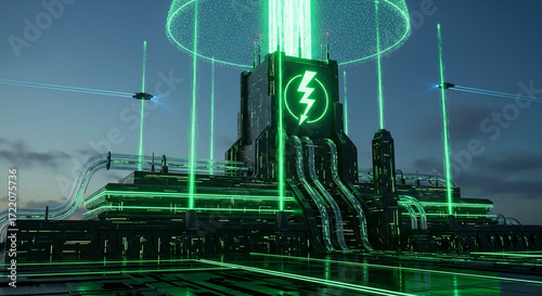 Futuristic neon energy station with green electricity symbol.