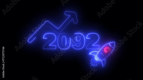 Wallpaper Mural Blue neon 2092 year with upward arrow graph and rocket ship icon on black background new year Torontodigital.ca