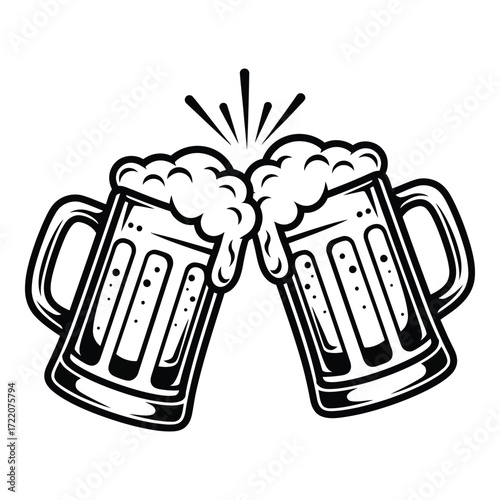 Two beer mugs clinking together celebrating with foam splashing outwards line art