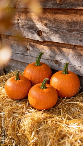 Orange pumpkins with stems on hay against a rustic wooden wall.