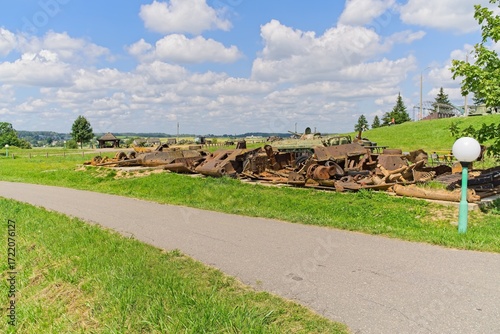  Minsk region, Belarus, July 12, 2025. Rusty wreckage of old military equipment on the Stalin Line.                              