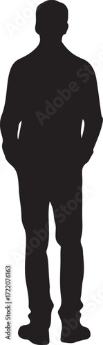A black silhouette of a man standing with his back to the viewer
