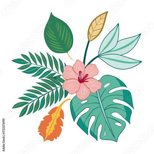 Vibrant tropical flower and leaves arrangement for a fresh summer vibe, perfect for invitations, posters, and designs that bring a touch of island paradise to your project
