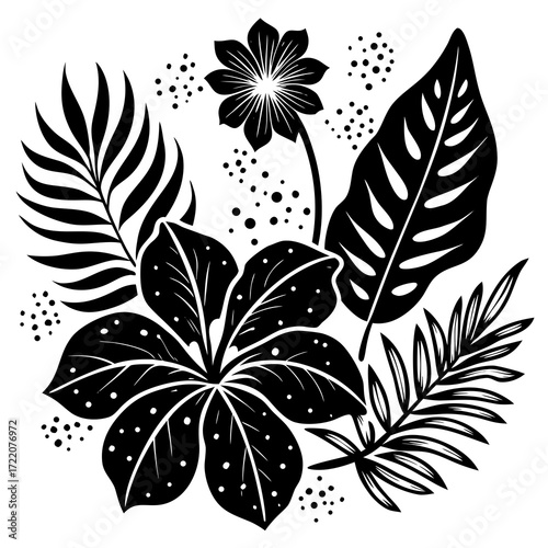 Bold botanical design featuring tropical leaves and elegant flower, perfect for modern branding, striking invitations, and eye catching minimalist decor, originally a scalable graphic