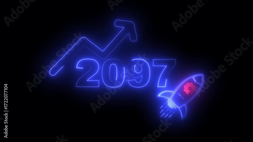 Wallpaper Mural Blue neon 2097 year with upward arrow graph and rocket ship icon on black background new year Torontodigital.ca