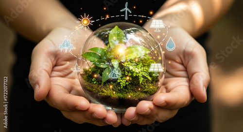 Hands holding small globe with green leaves and renewable energy icons around it.