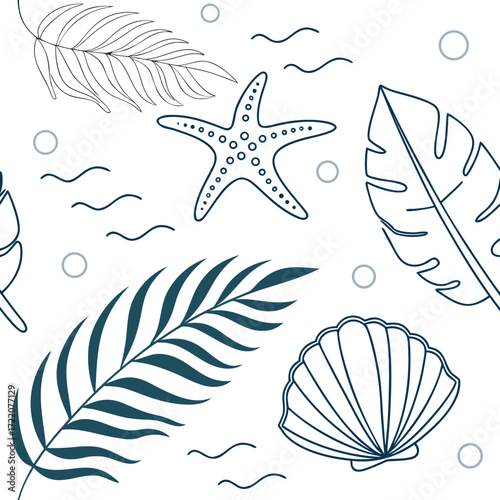Dreamy coastal charm with seashells, starfish, and tropical leaves creates an ocean paradise. Coastal bliss and summer vibes, ready for your creative designs and summer projects