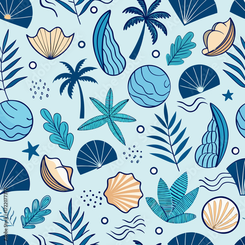 Delightful tropical vibe seamless pattern with palm trees, shells, starfish, and botanical elements creating a vibrant ocean paradise perfect for summer designs and beach-themed projects
