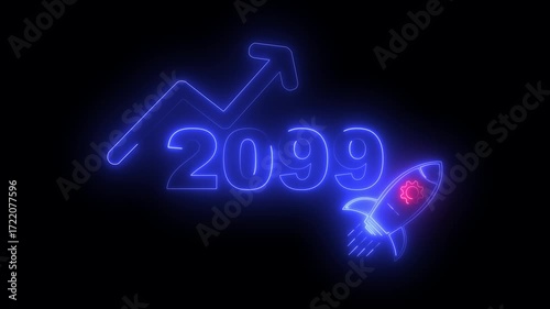 Wallpaper Mural Blue neon 2099 year with upward arrow graph and rocket ship icon on black background new year Torontodigital.ca