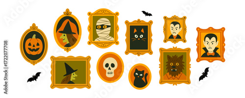 Halloween portrait frames with witch pumpkin black cat dracula mummy skull ghost and bat. Spooky characters in vintage gothic style. Illustration with creepy horror festive decoration
