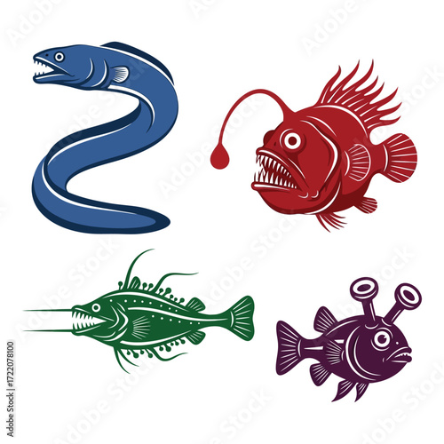 Whimsical deep sea creatures collection featuring eel anglerfish and exotic marine life