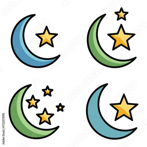 Four crescent moons with stars icons in blue and green color variations