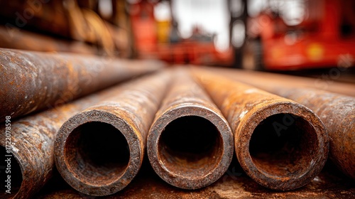 Rusty metal pipes stacked at a construction site during overcast weather