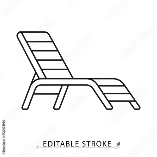 A lounge chair icon in minimalist style with editable stroke. Outdoor furniture, poolside seat, garden relax, patio decor, summer element, beach chair, comfort seat, leisure design.