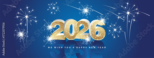 We wish you Happy New Year 2026. New modern 3d concept design. Golden luminous glittering gold white silver 3D 2026 with 2025 in shadows and stars sparkling fireworks on blue background