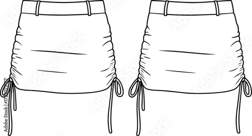 Ruched mini skirt fashion illustration, drawstring side design, waistband with belt loops, gathered fabric detail, garment construction, apparel pattern template