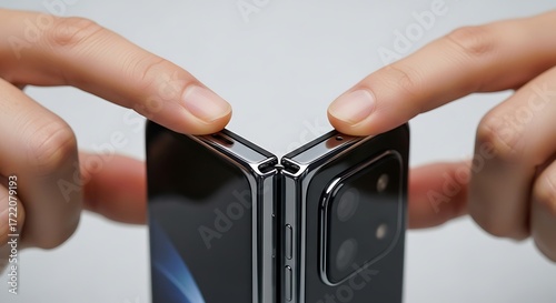 Precision Opening: Close-up of a Sleek Black Foldable Smartphone Hinge