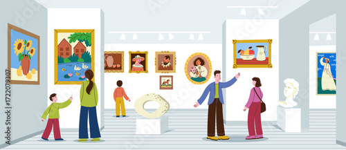 Tourists and families observing paintings and sculptures in a modern art gallery discussing styles and meanings, learning about artistic expression and enjoying culture