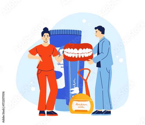 Dentist teaching a patient about oral hygiene, using giant toothpaste, dental floss, denture and mouthwash as learning tools, promoting healthy teeth and fresh breath