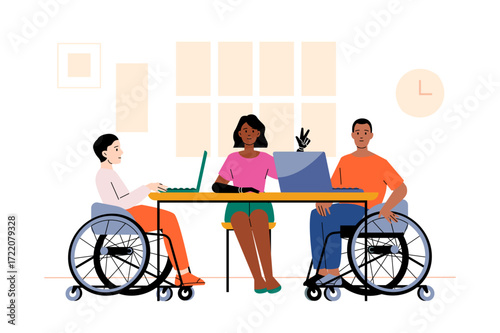 Diverse office workers with prosthetic arm and using wheelchairs are having a productive business meeting, collaborating on laptops and fostering an inclusive work environment
