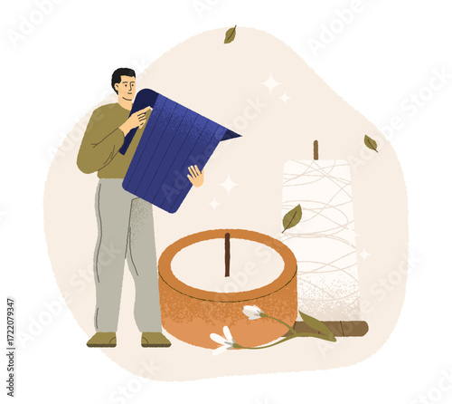 Craftsman preparing materials for crafting handmade candles, focusing on natural and sustainable methods, promoting creativity and small business entrepreneurship