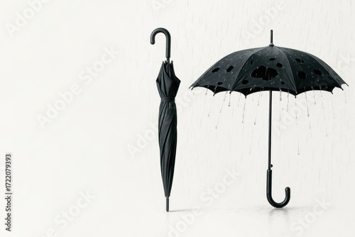 A folded and damaged black umbrella in the rain. Space for text.