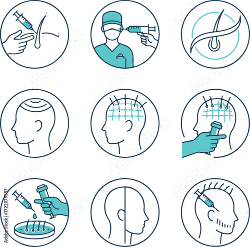 Hair Restoration and Treatment Vector Line Icons Set: Medical Professionals, Syringes, and Hair Follicle Procedures