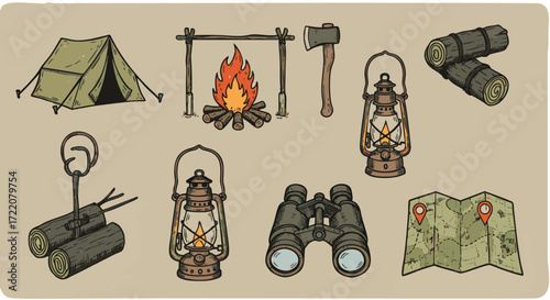 Collection of Outdoor Adventure and Camping Gear Illustrations