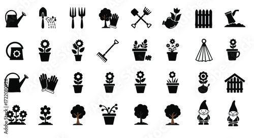 Gardening Icons Set A Collection of Tools, Plants, and Outdoor Elements for Gardeners